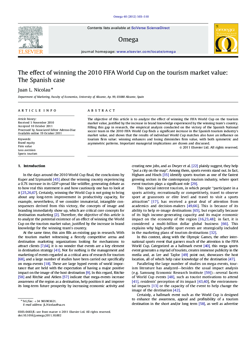 The effect of winning the 2010 FIFA World Cup on the tourism market value: The Spanish case