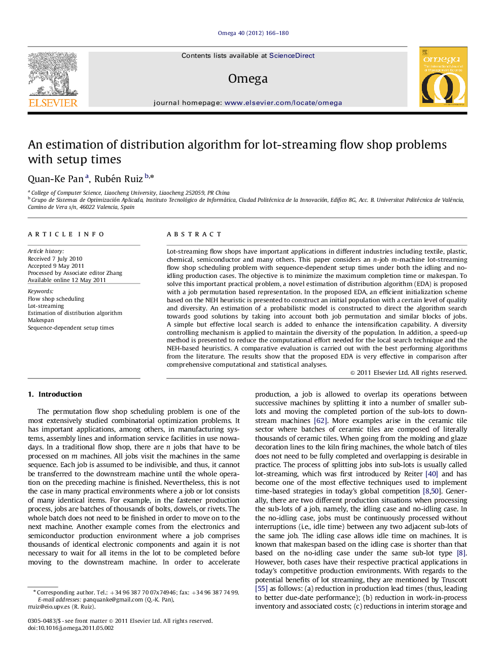 An estimation of distribution algorithm for lot-streaming flow shop problems with setup times