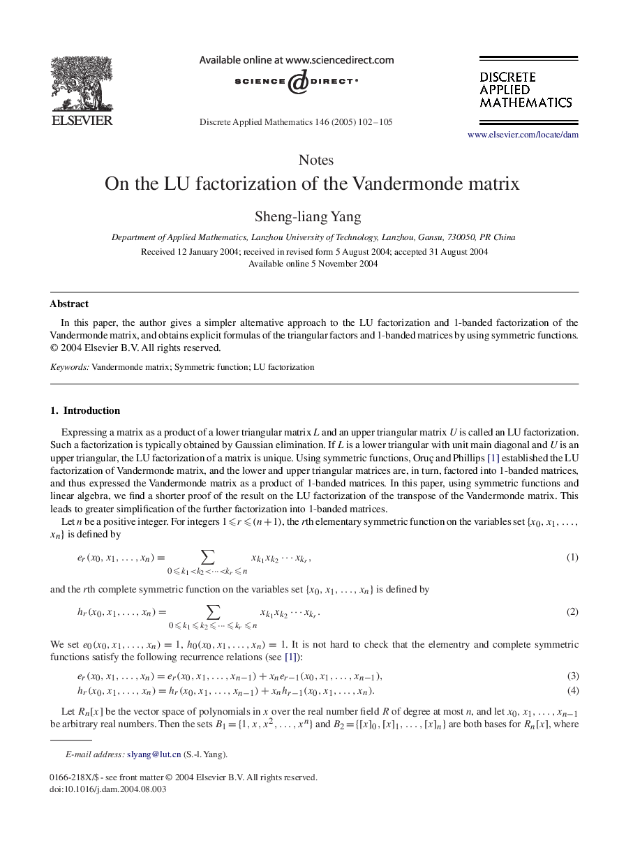 On the LU factorization of the Vandermonde matrix