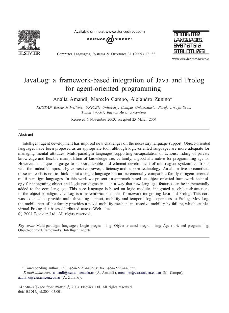 JavaLog: a framework-based integration of Java and Prolog for agent-oriented programming