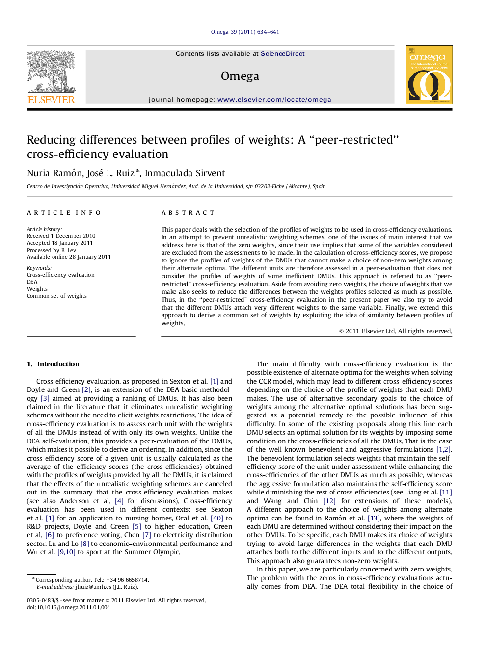 Reducing differences between profiles of weights: A “peer-restricted” cross-efficiency evaluation