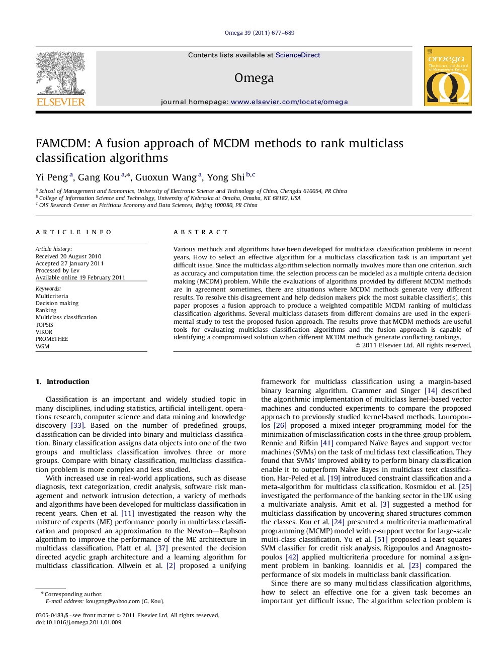 FAMCDM: A fusion approach of MCDM methods to rank multiclass classification algorithms