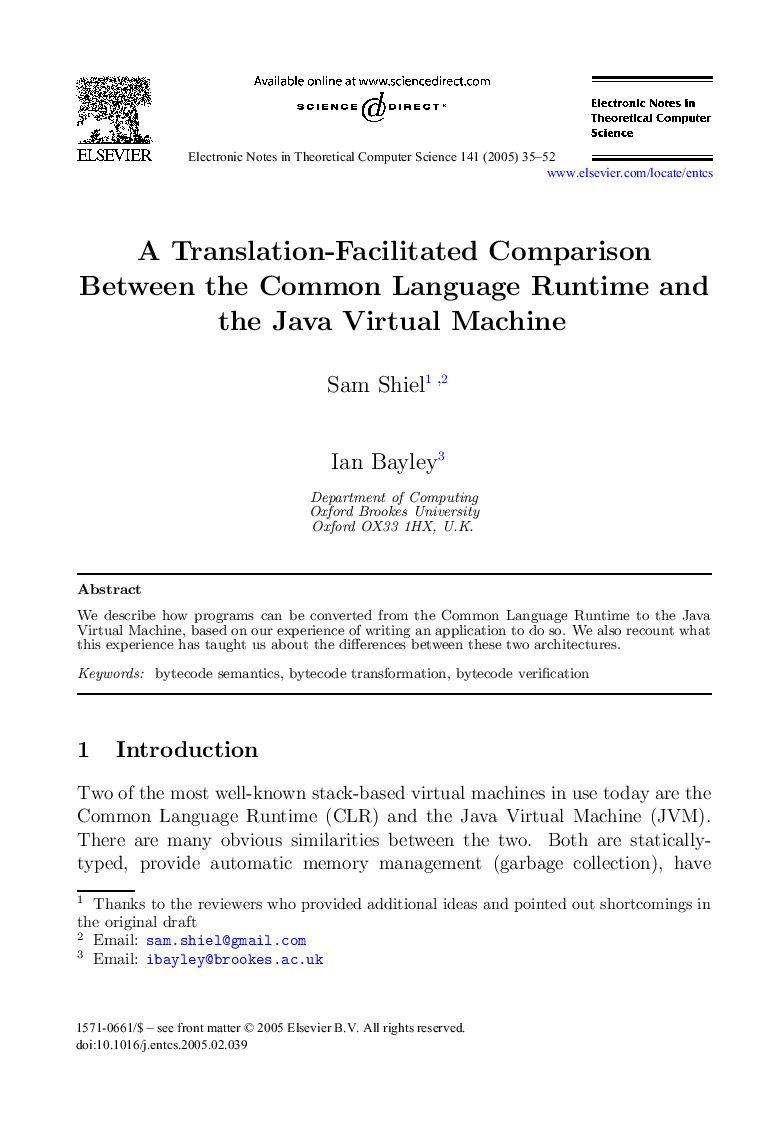 A Translation-Facilitated Comparison Between the Common Language Runtime and the Java Virtual Machine