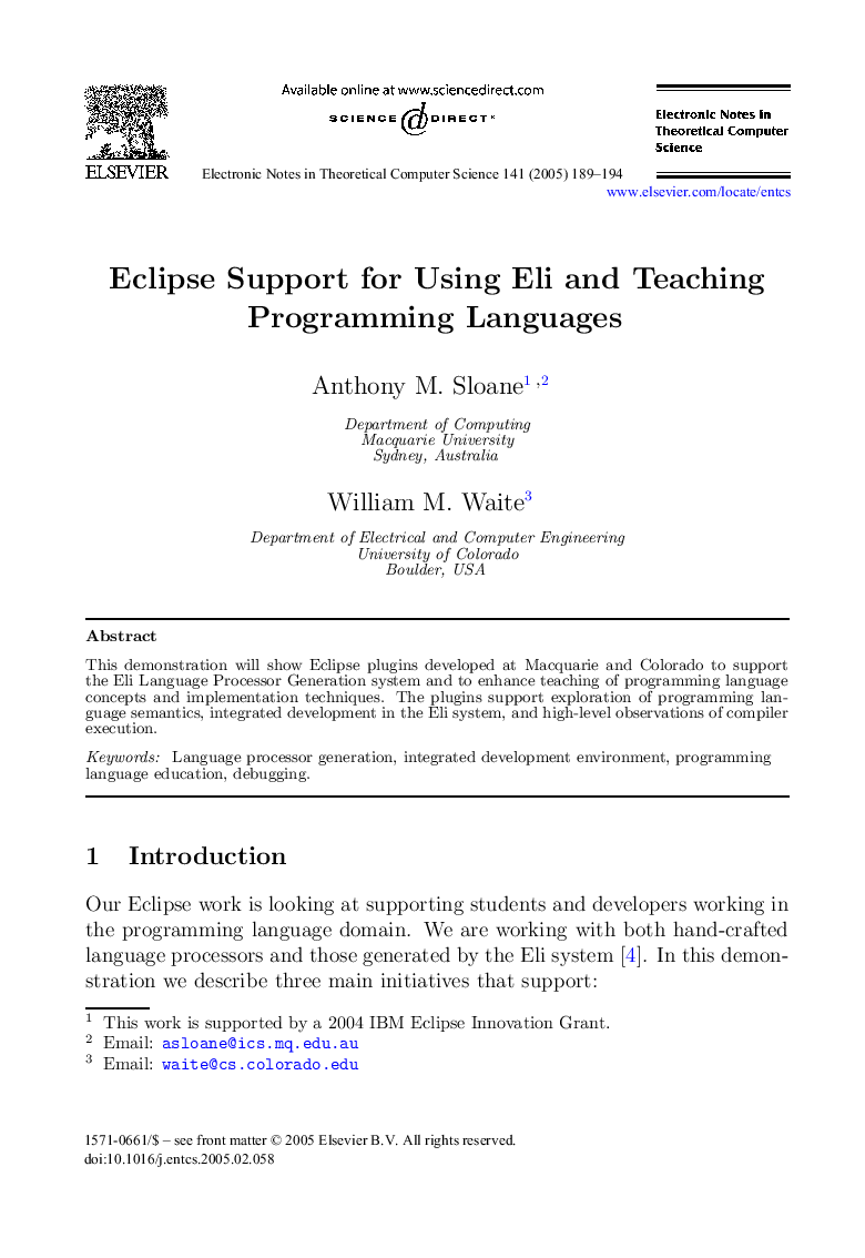 Eclipse Support for Using Eli and Teaching Programming Languages