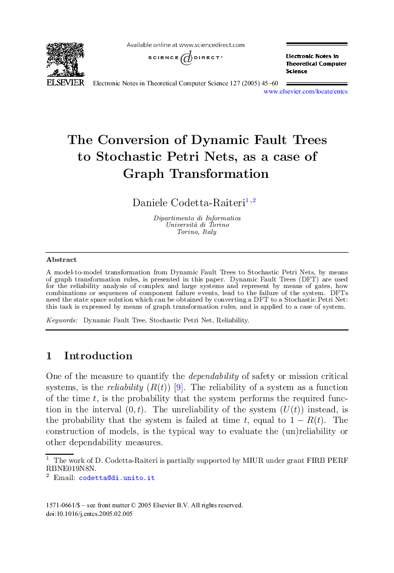 The Conversion of Dynamic Fault Trees to Stochastic Petri Nets, as a case of Graph Transformation