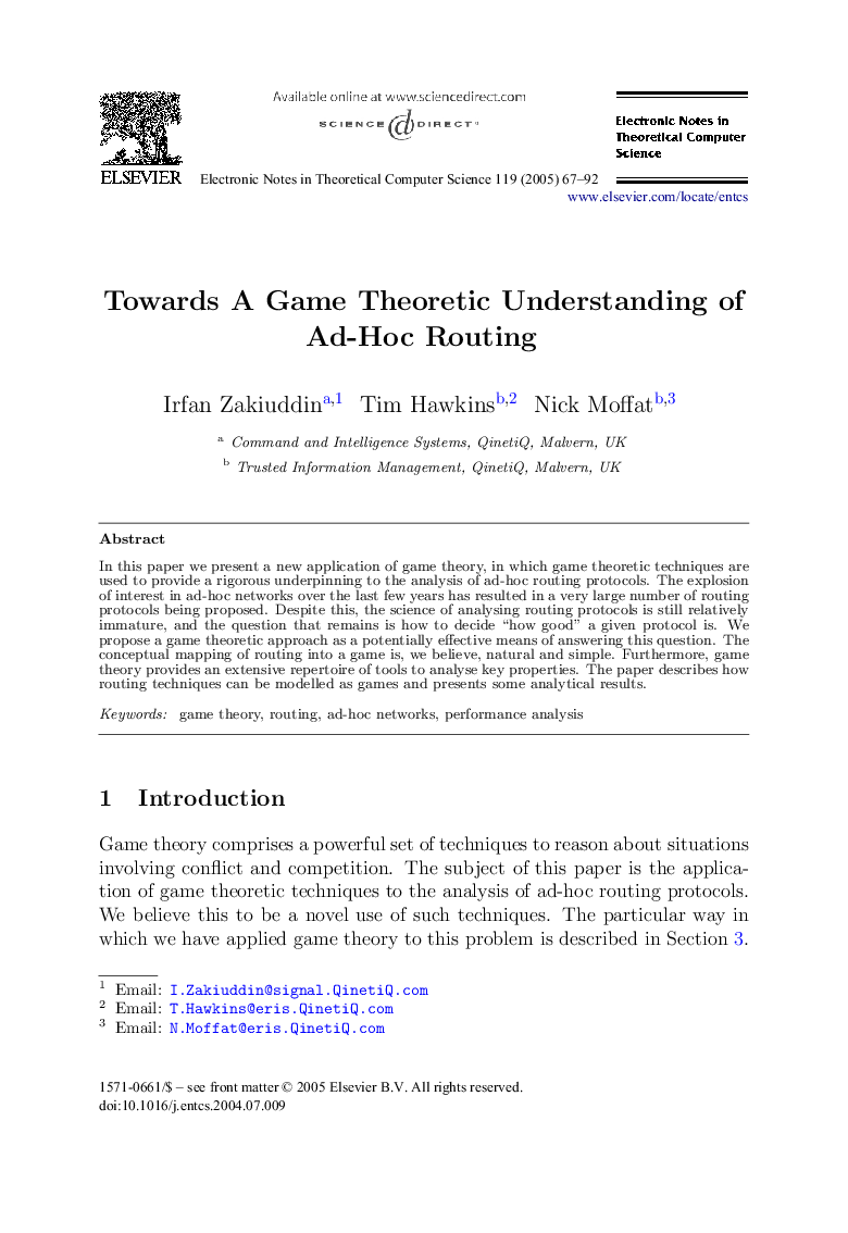 Towards A Game Theoretic Understanding of Ad-Hoc Routing