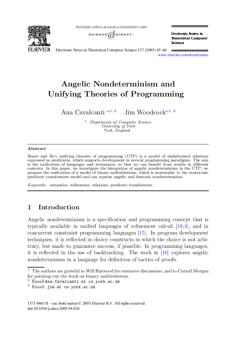 Angelic Nondeterminism and Unifying Theories of Programming