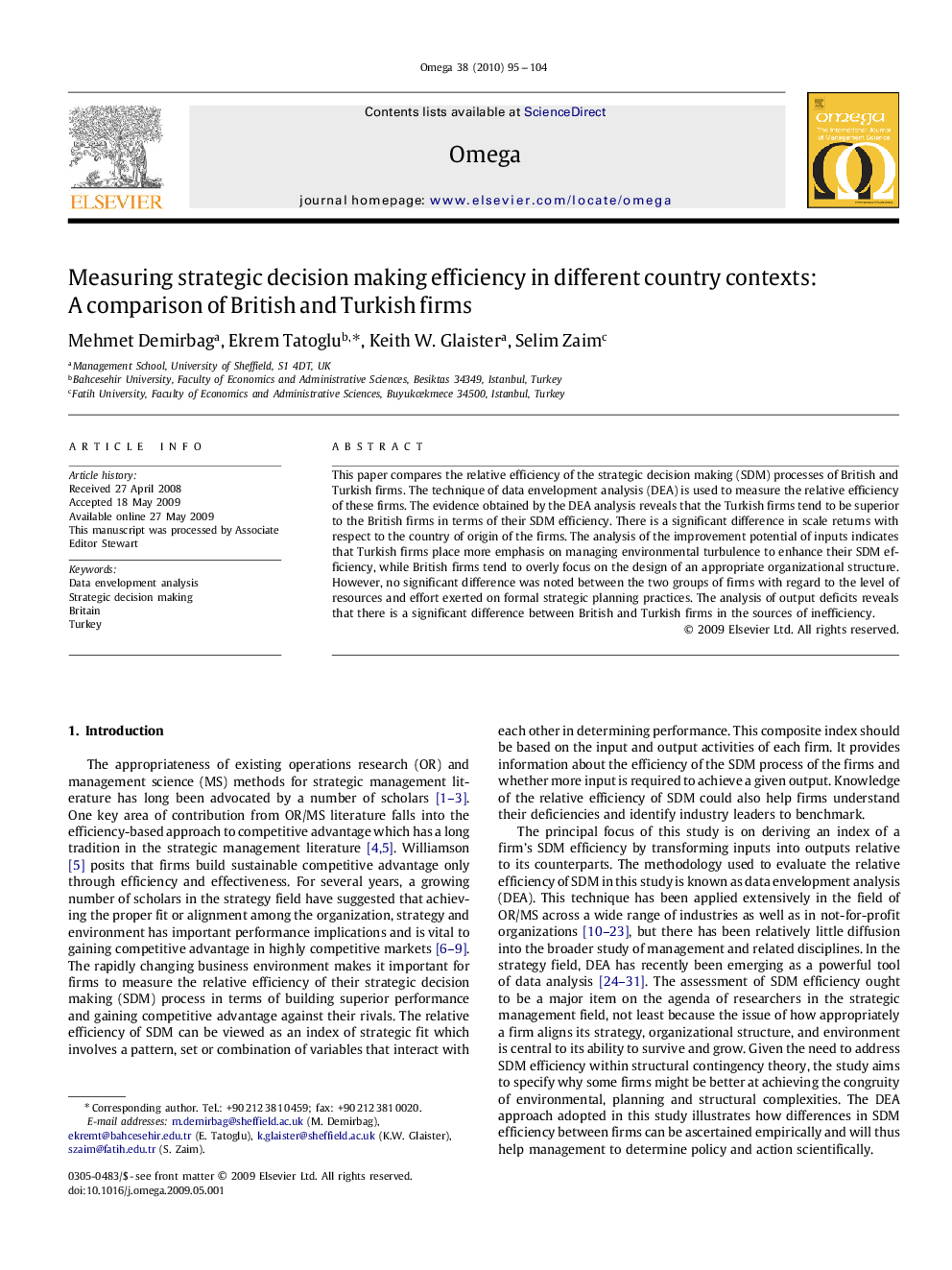 Measuring strategic decision making efficiency in different country contexts: A comparison of British and Turkish firms