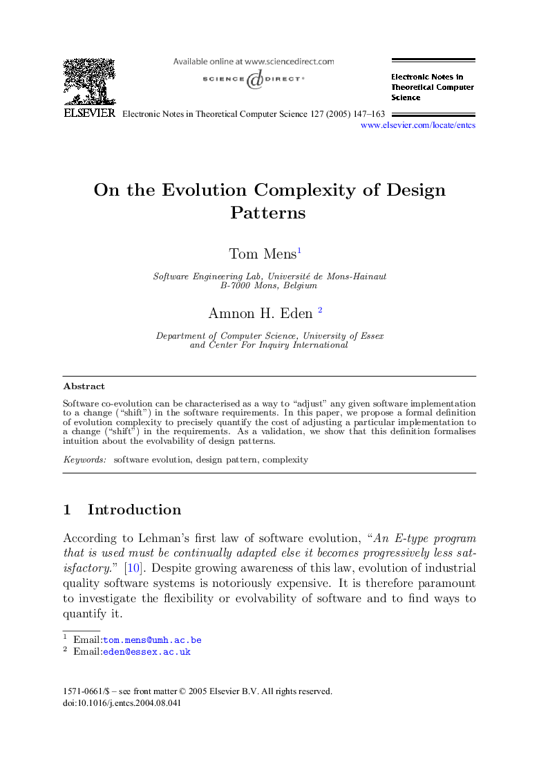 On the Evolution Complexity of Design Patterns