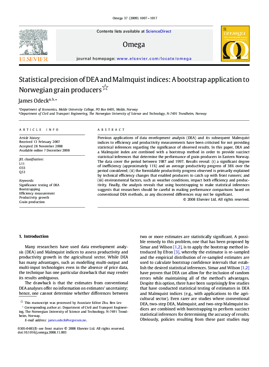 Statistical precision of DEA and Malmquist indices: A bootstrap application to Norwegian grain producers 