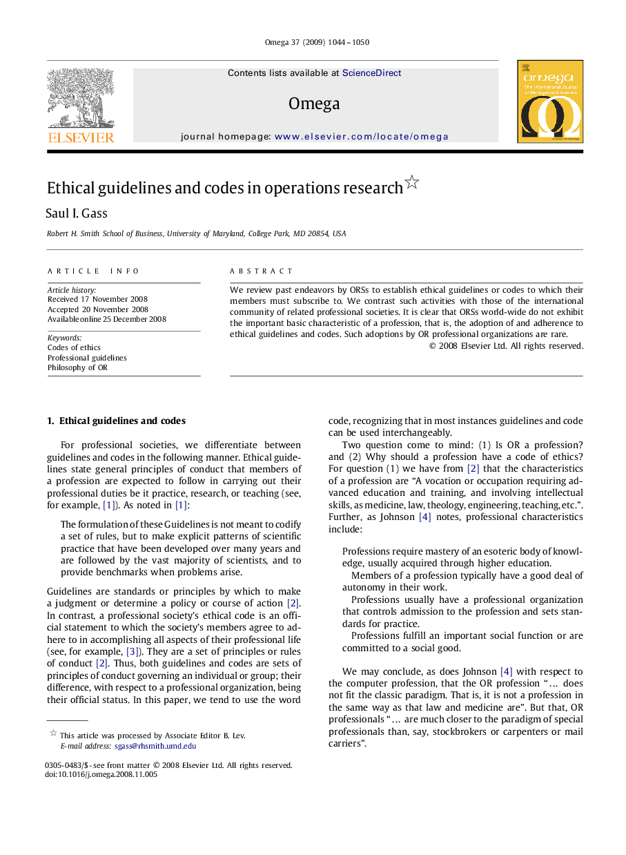 Ethical guidelines and codes in operations research