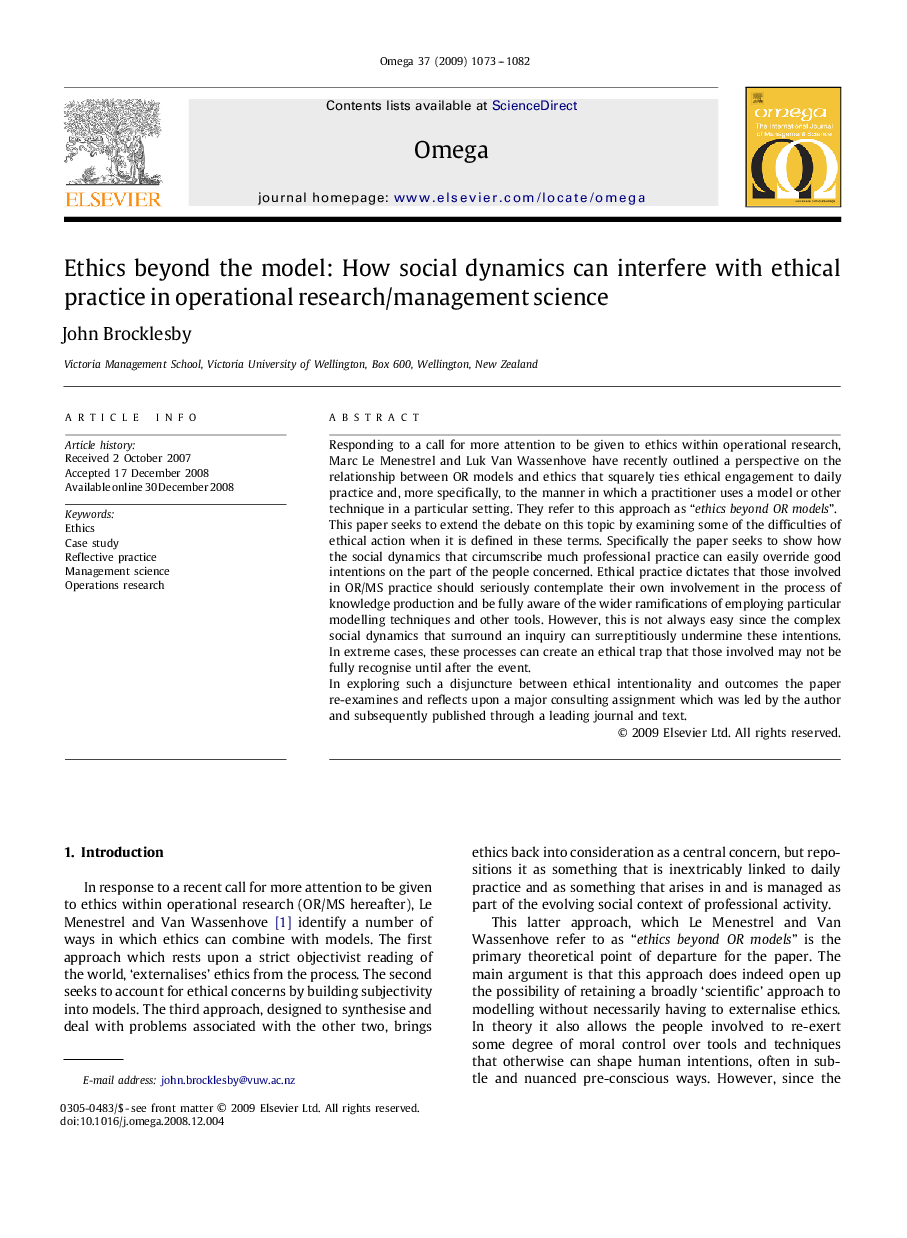 Ethics beyond the model: How social dynamics can interfere with ethical practice in operational research/management science