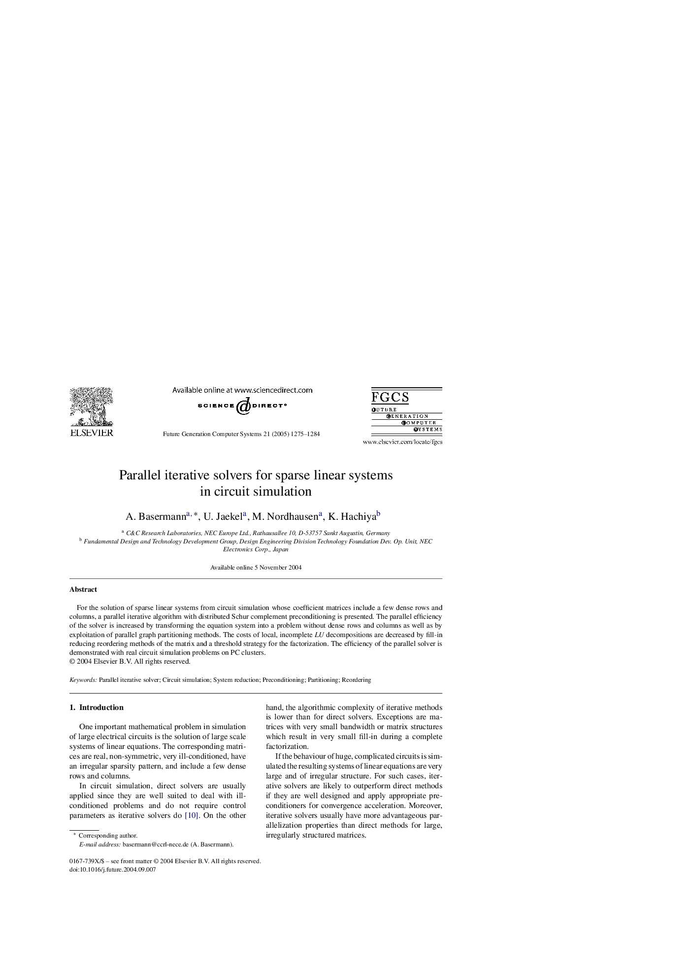 Parallel iterative solvers for sparse linear systems in circuit simulation