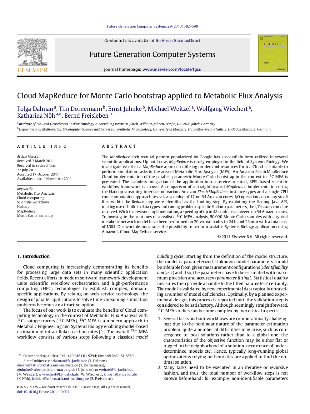 Cloud MapReduce for Monte Carlo bootstrap applied to Metabolic Flux Analysis