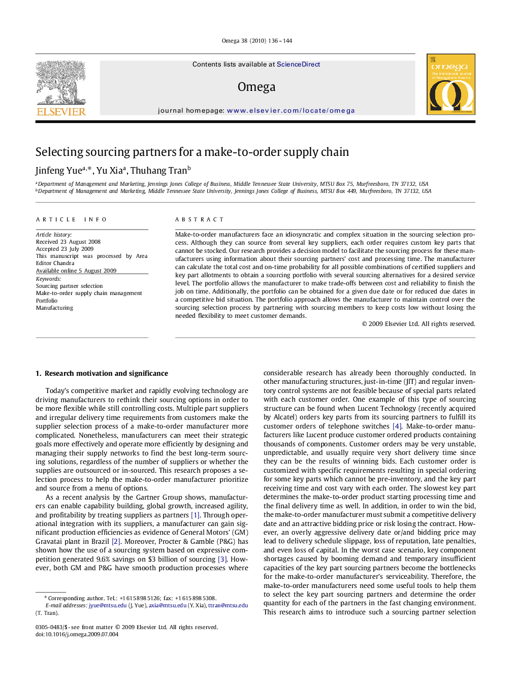 Selecting sourcing partners for a make-to-order supply chain