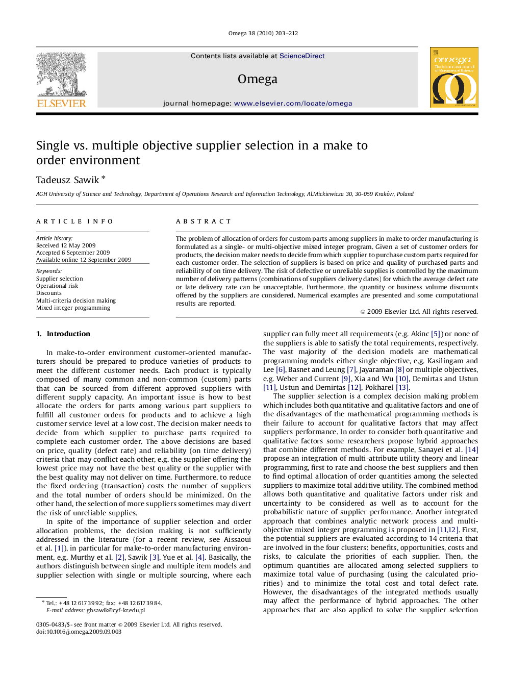 Single vs. multiple objective supplier selection in a make to order environment