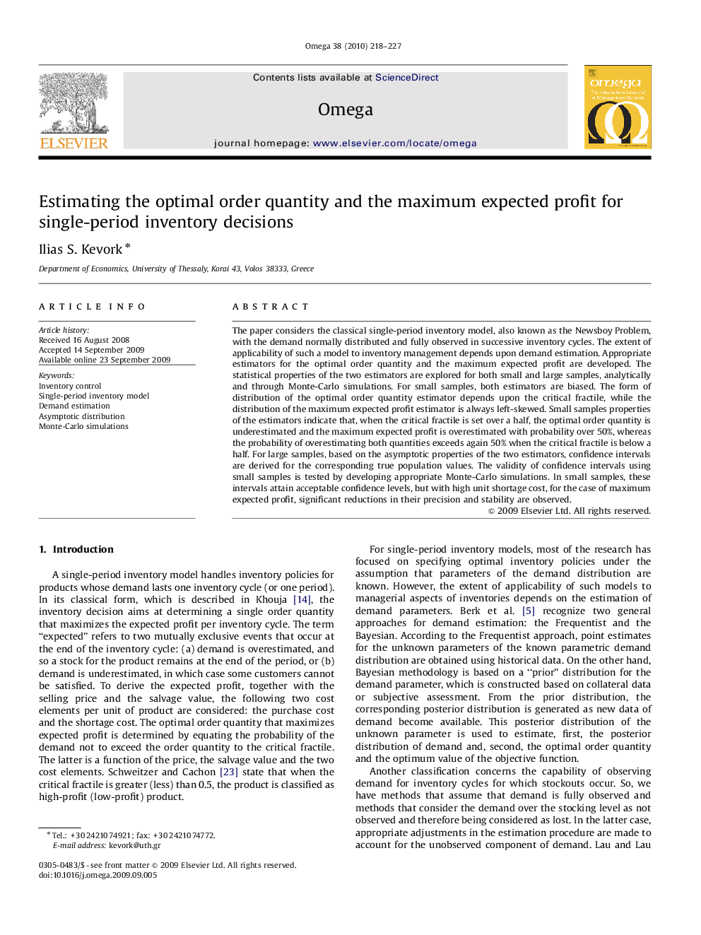 Estimating the optimal order quantity and the maximum expected profit for single-period inventory decisions