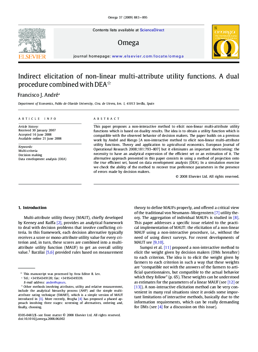 Indirect elicitation of non-linear multi-attribute utility functions. A dual procedure combined with DEA 