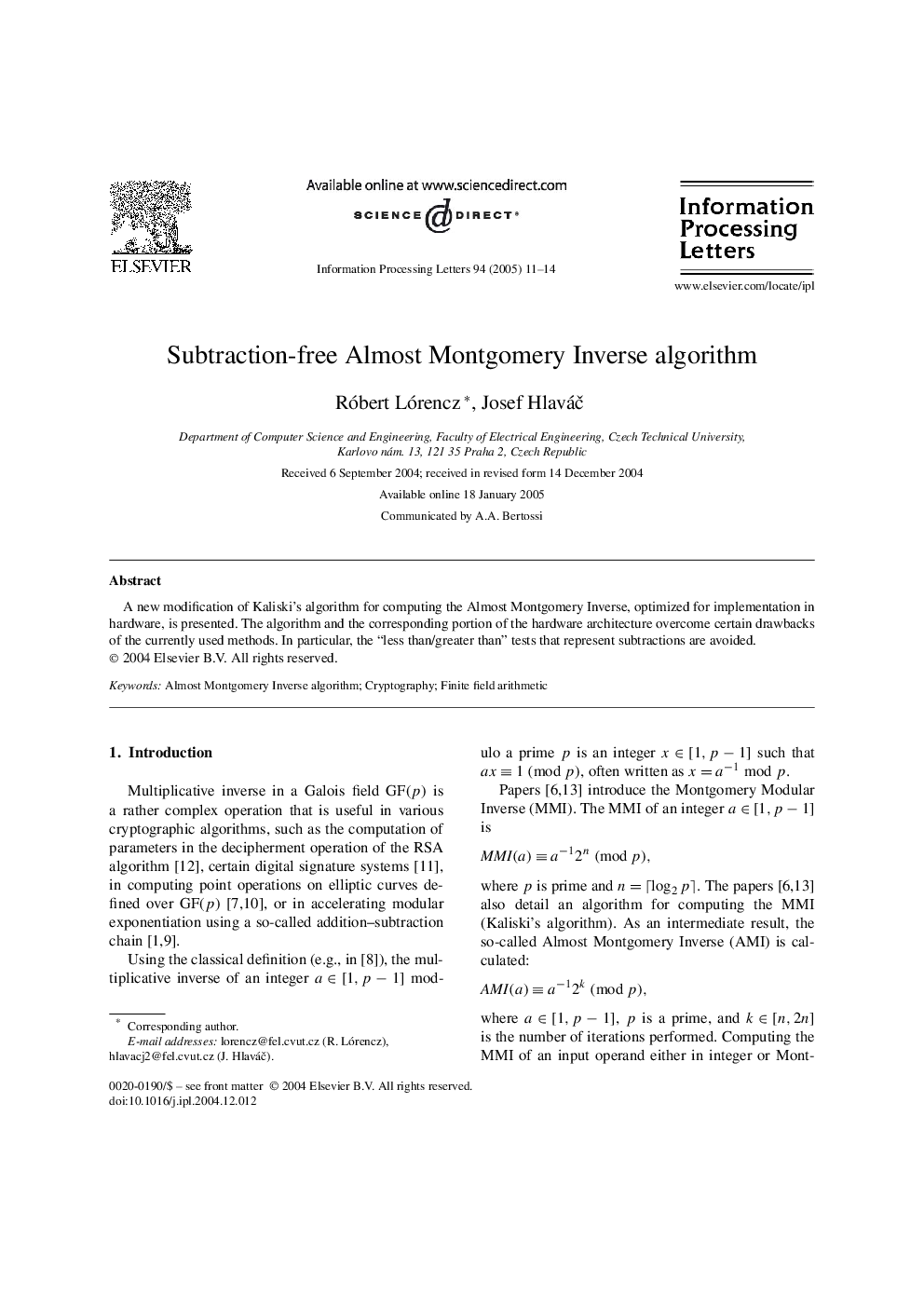 Subtraction-free Almost Montgomery Inverse algorithm