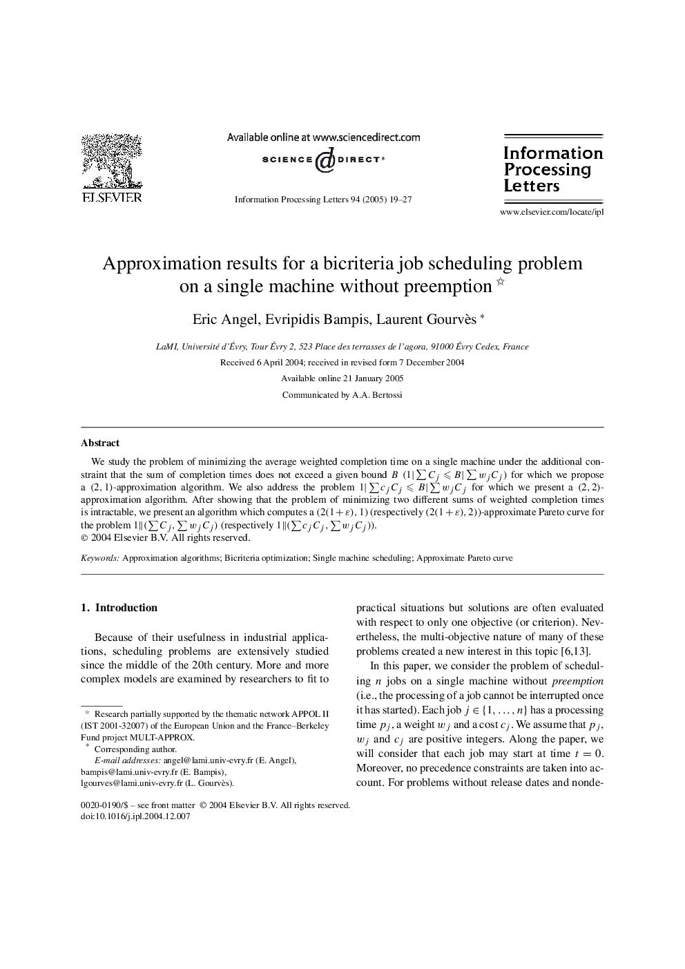 Approximation results for a bicriteria job scheduling problem on a single machine without preemption