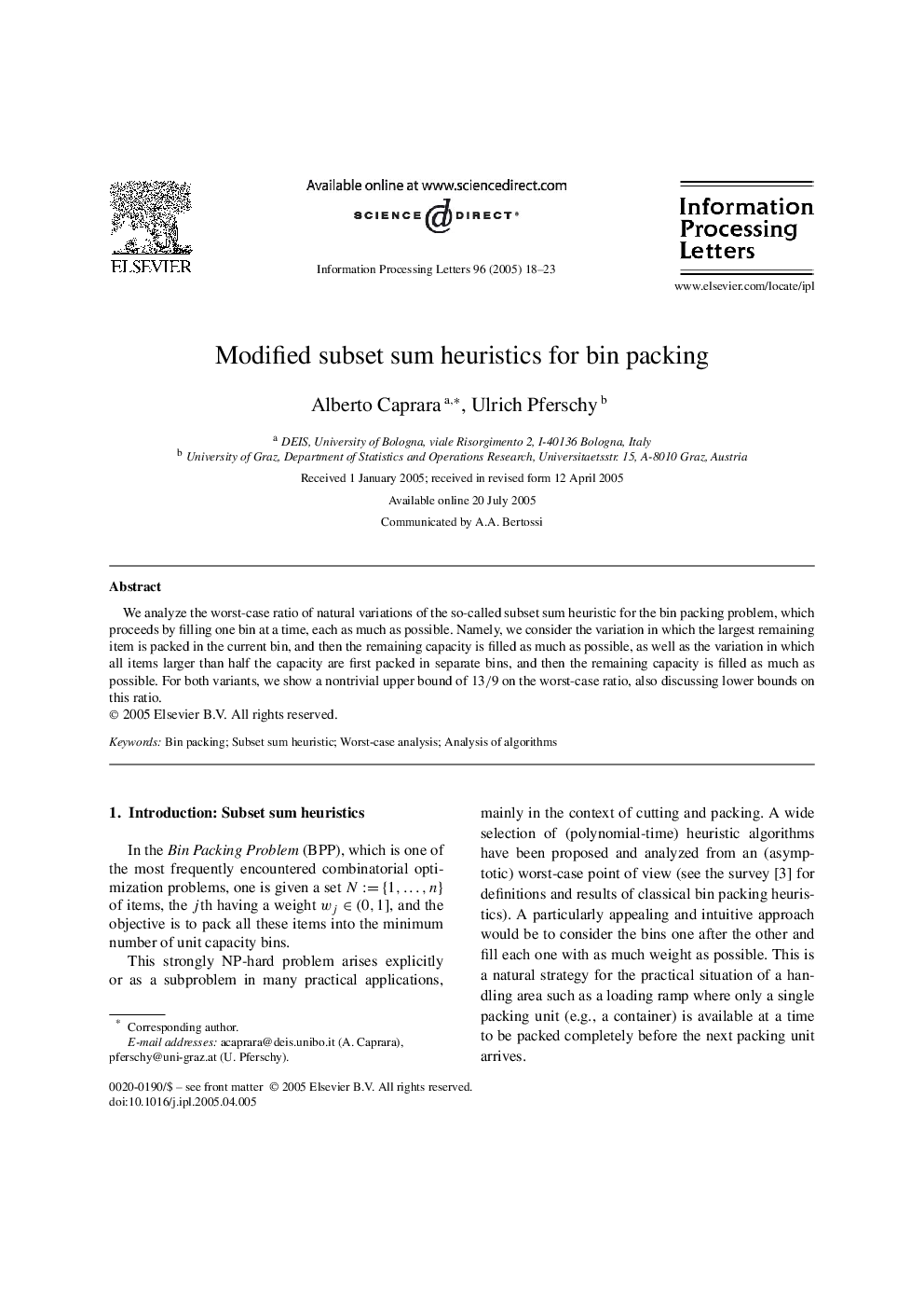 Modified subset sum heuristics for bin packing