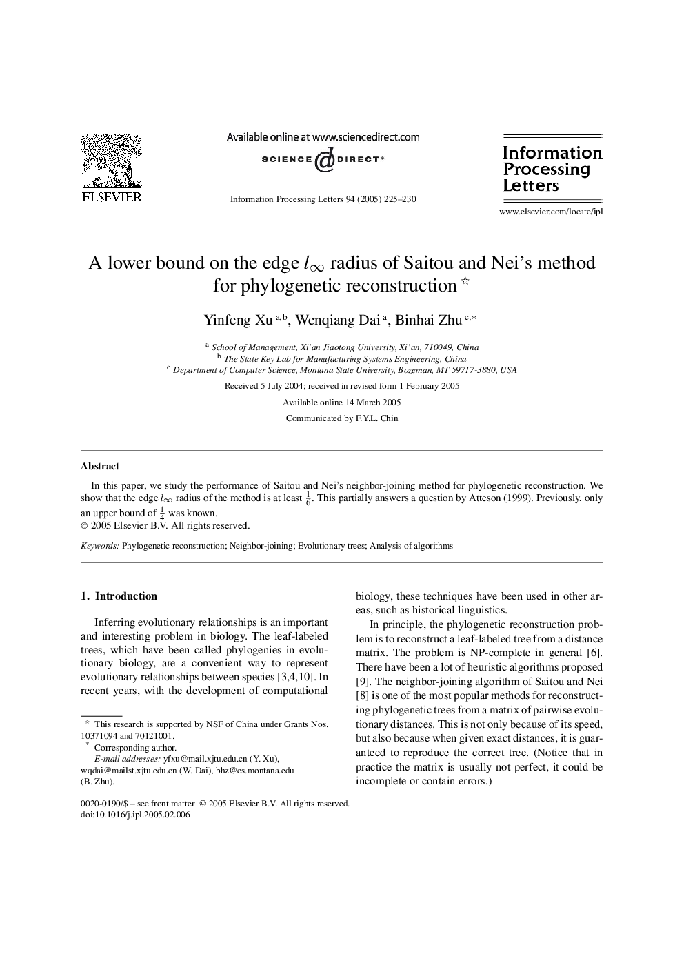 A lower bound on the edge lâ radius of Saitou and Nei's method for phylogenetic reconstruction