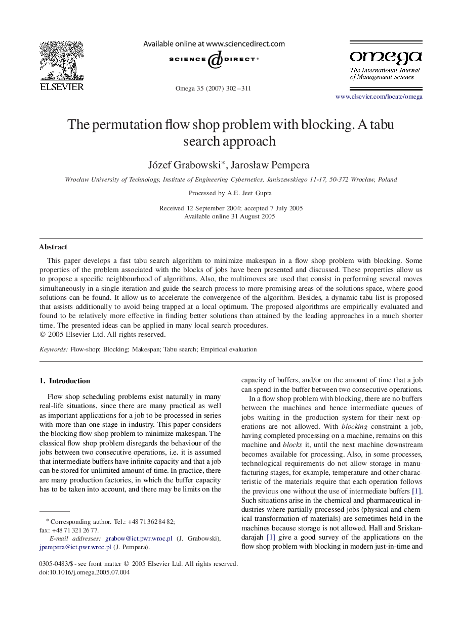 The permutation flow shop problem with blocking. A tabu search approach