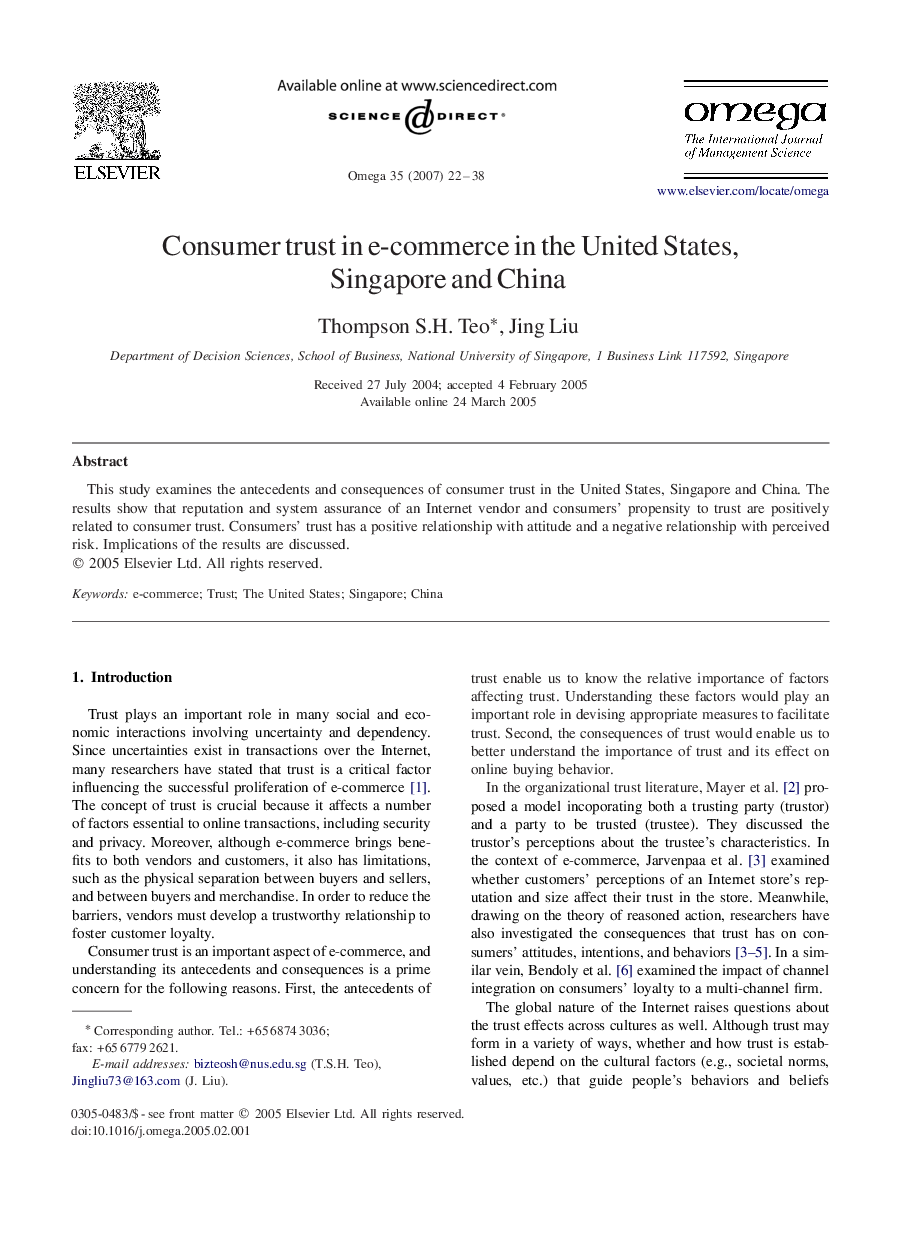 Consumer trust in e-commerce in the United States, Singapore and China