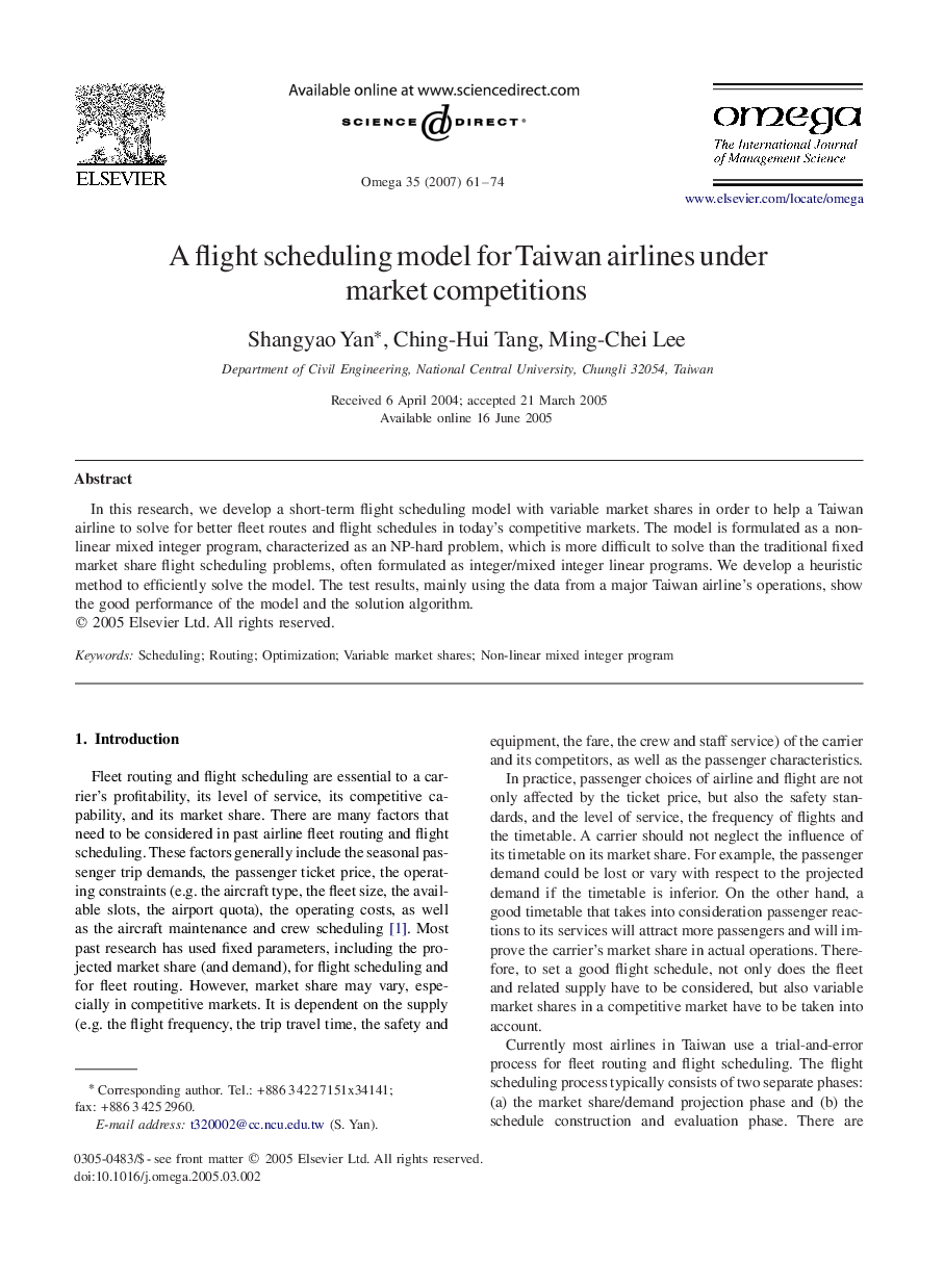 A flight scheduling model for Taiwan airlines under market competitions