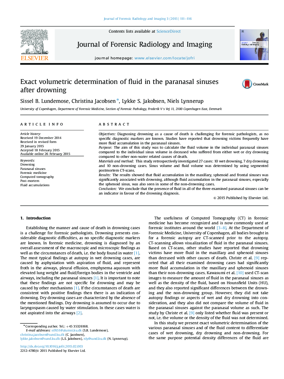 Exact volumetric determination of fluid in the paranasal sinuses after drowning