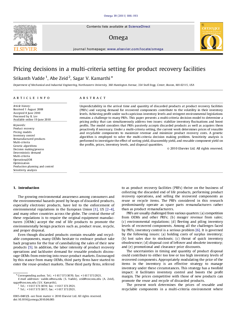 Pricing decisions in a multi-criteria setting for product recovery facilities