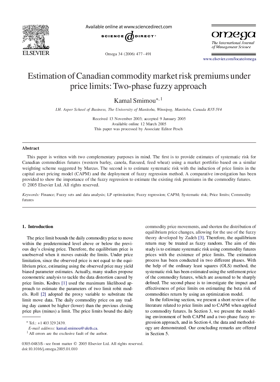 Estimation of Canadian commodity market risk premiums under price limits: Two-phase fuzzy approach