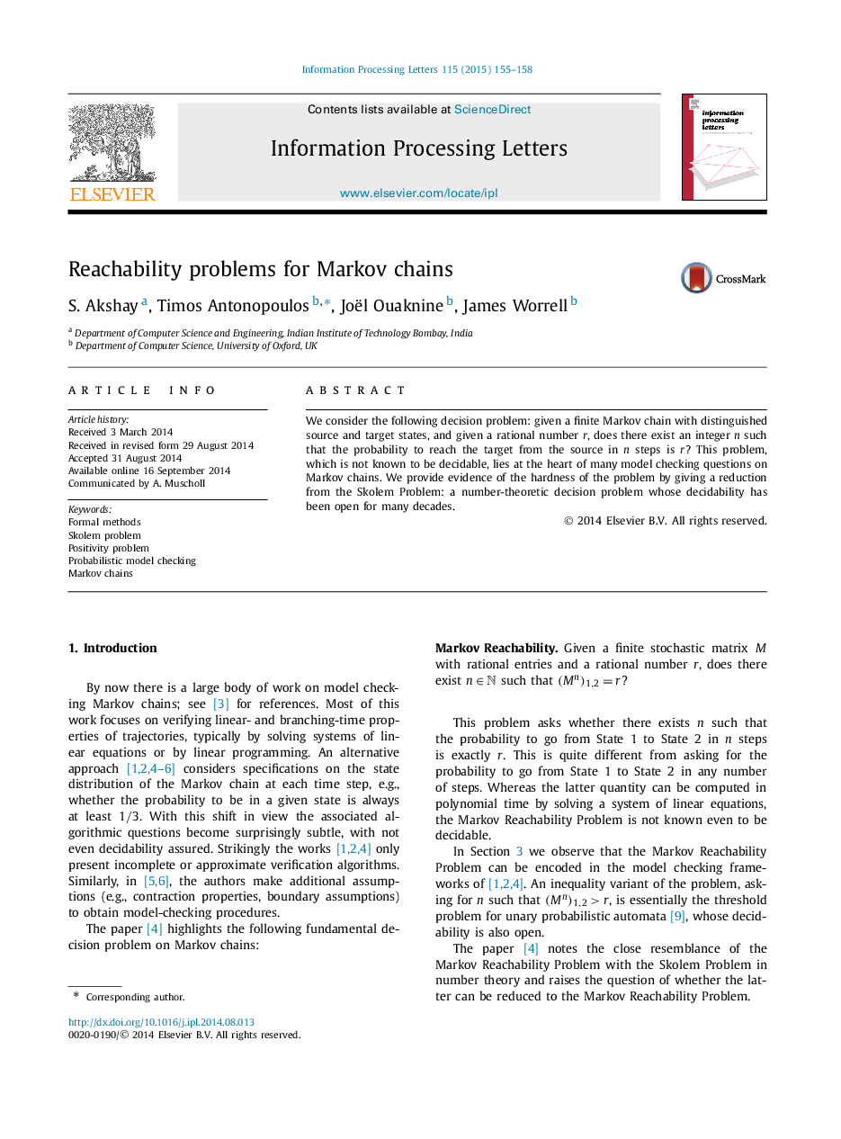 Reachability problems for Markov chains