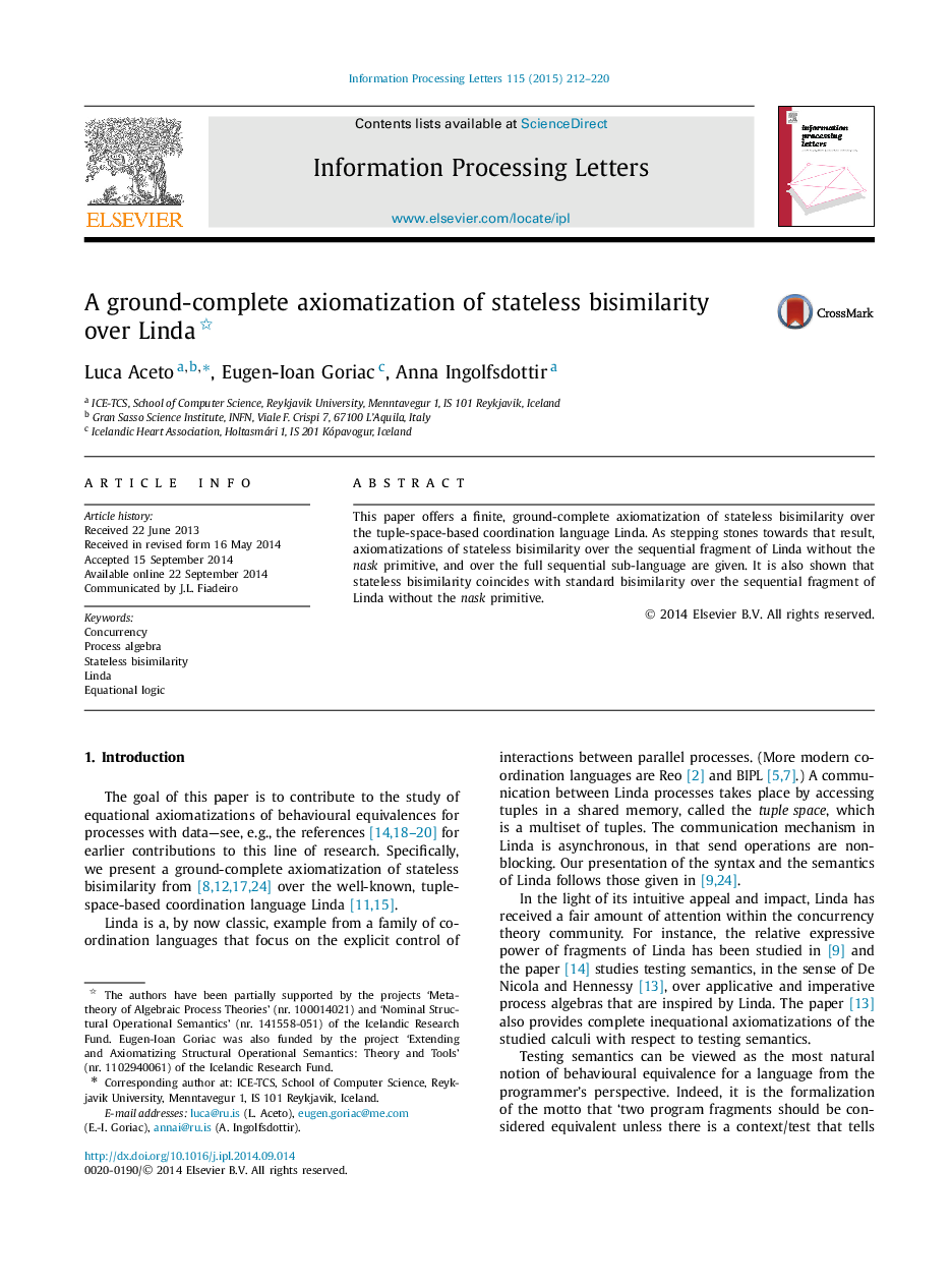 A ground-complete axiomatization of stateless bisimilarity over Linda