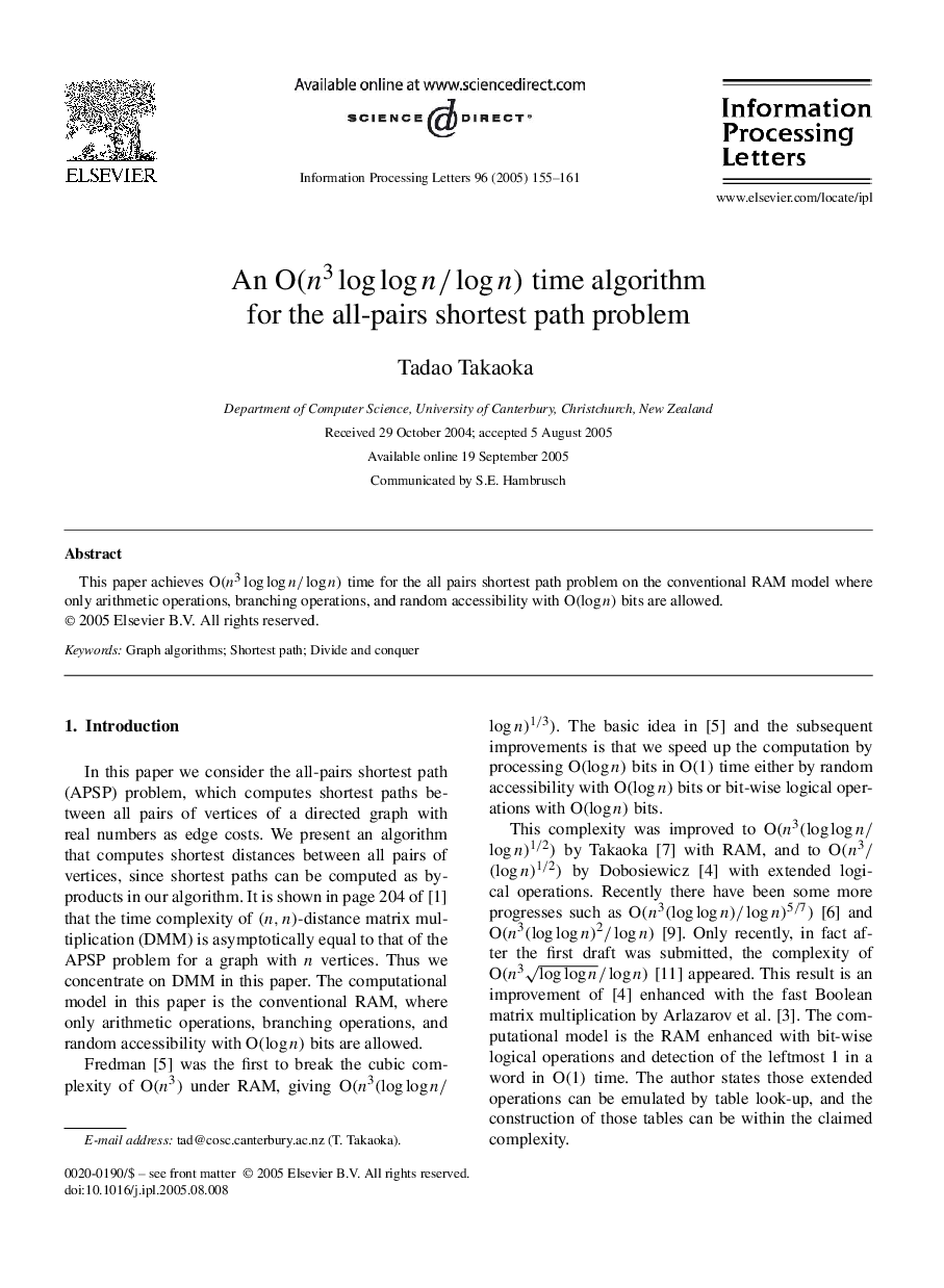 An O(n3loglogn/logn) time algorithm for the all-pairs shortest path problem