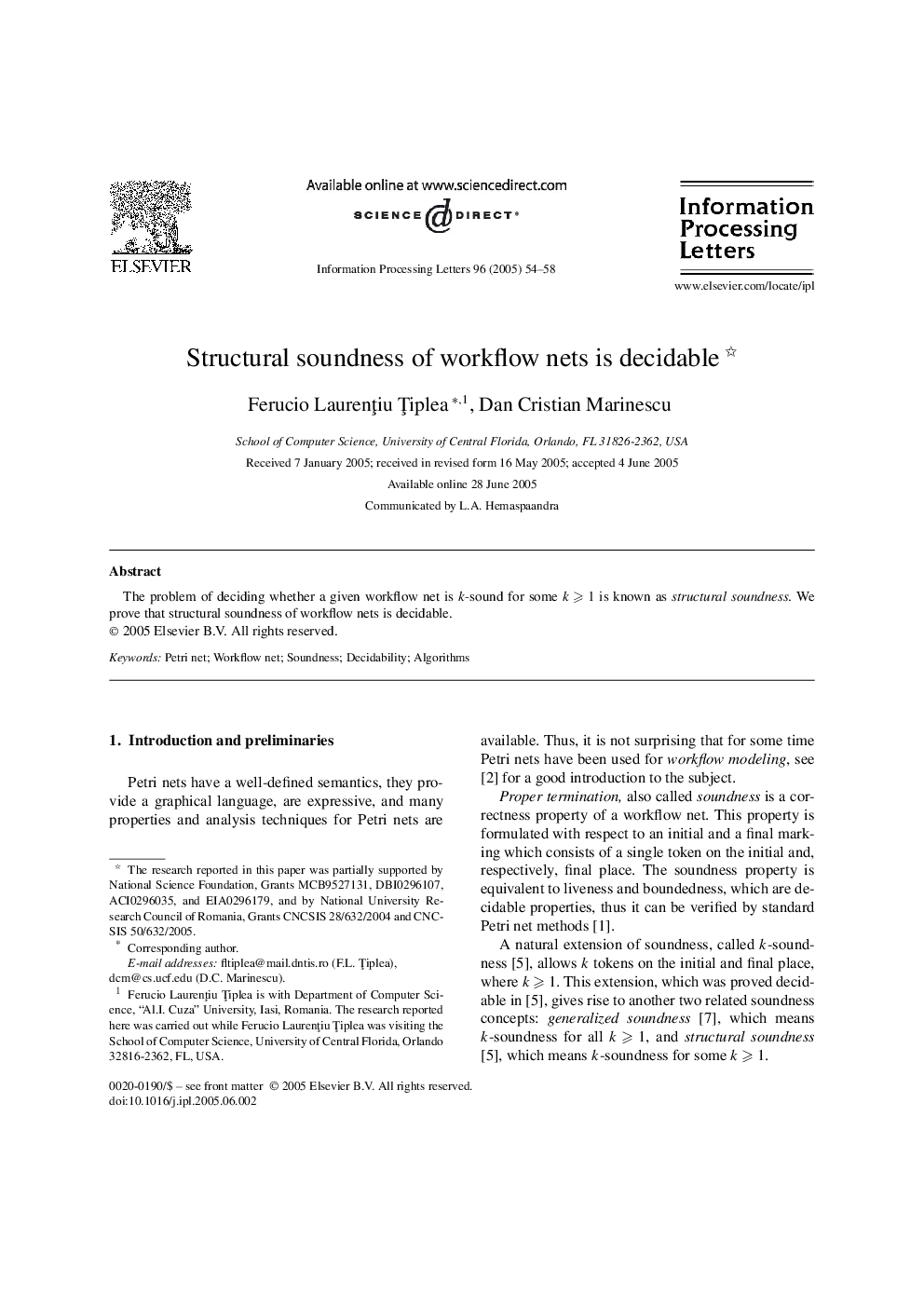 Structural soundness of workflow nets is decidable