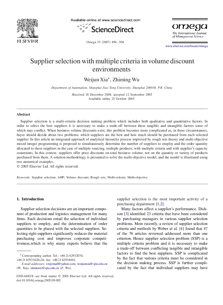 Supplier selection with multiple criteria in volume discount environments