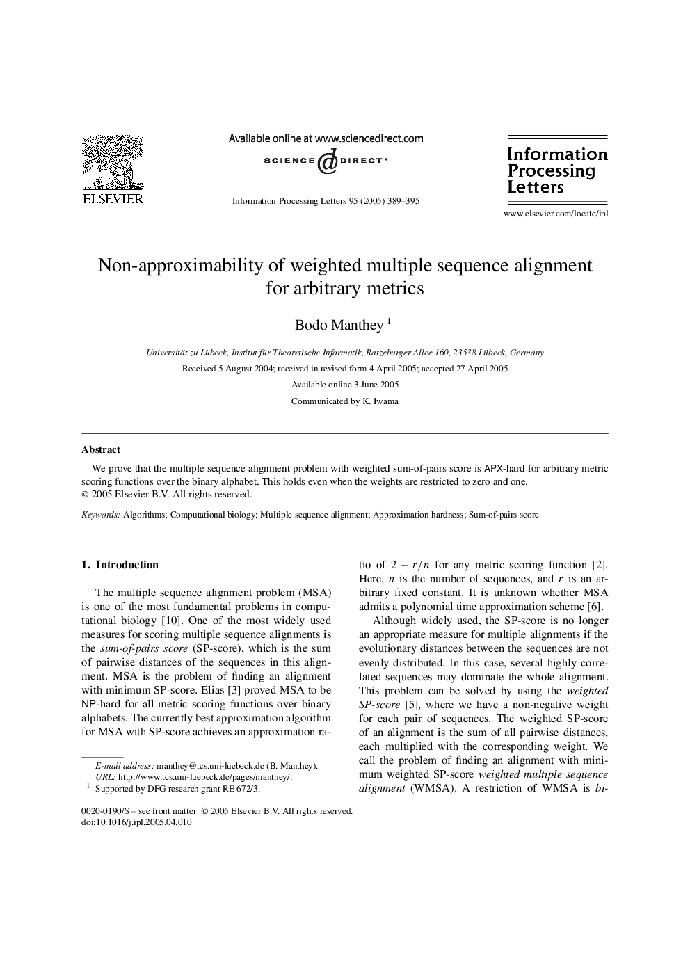 Non-approximability of weighted multiple sequence alignment for arbitrary metrics