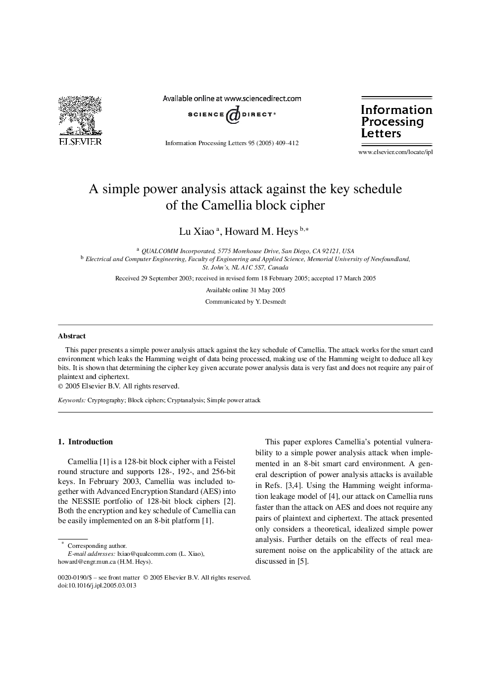 A simple power analysis attack against the key schedule of the Camellia block cipher