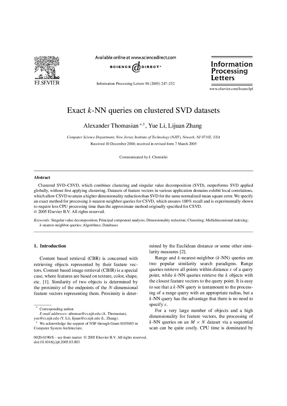 Exact k-NN queries on clustered SVD datasets