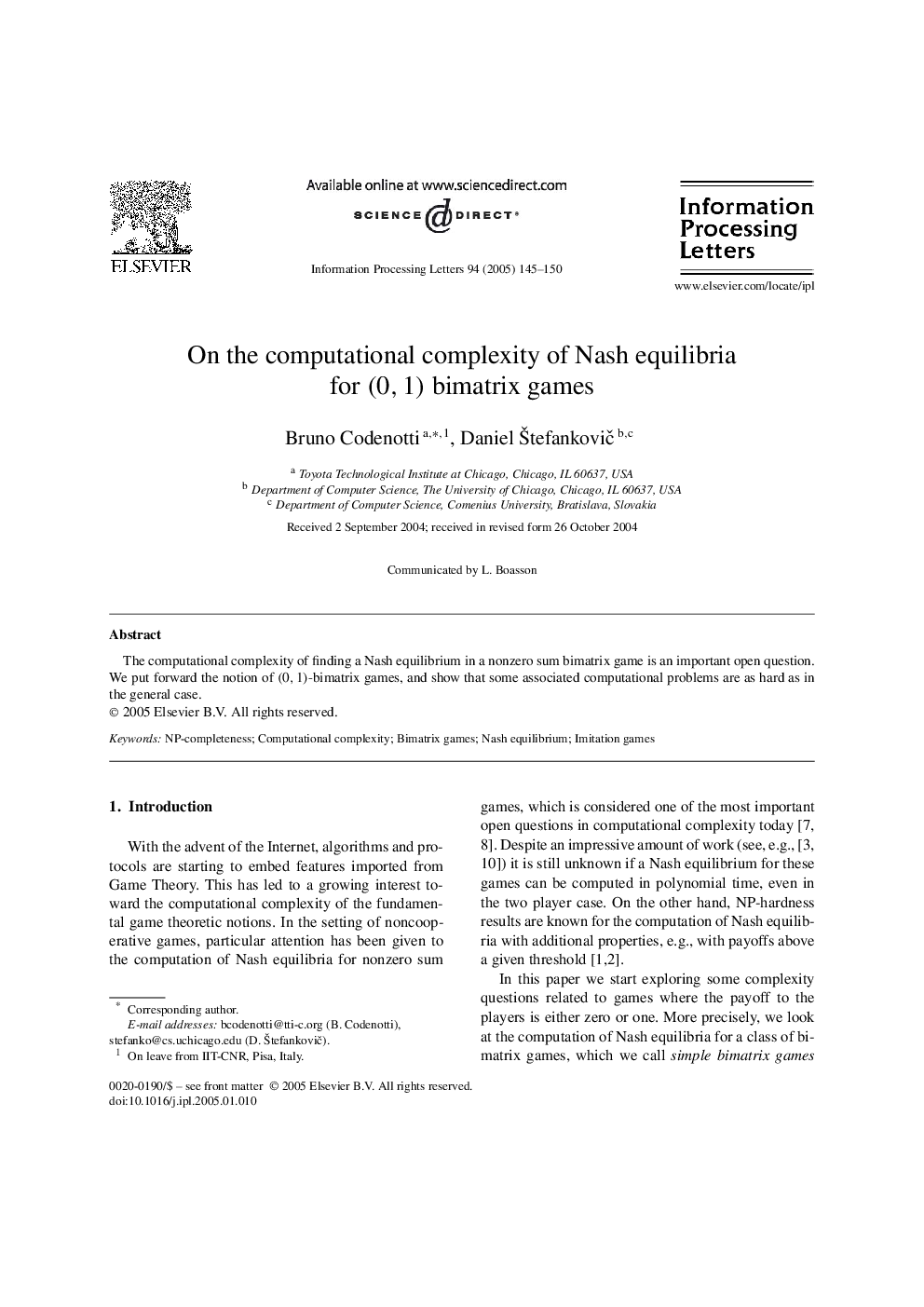 On the computational complexity of Nash equilibria for (0,1) bimatrix games