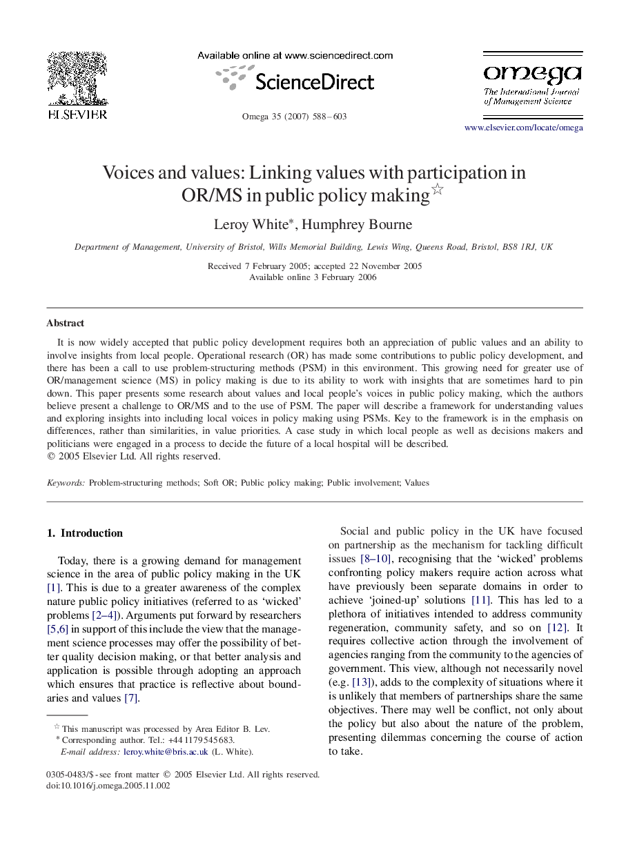 Voices and values: Linking values with participation in OR/MS in public policy making 