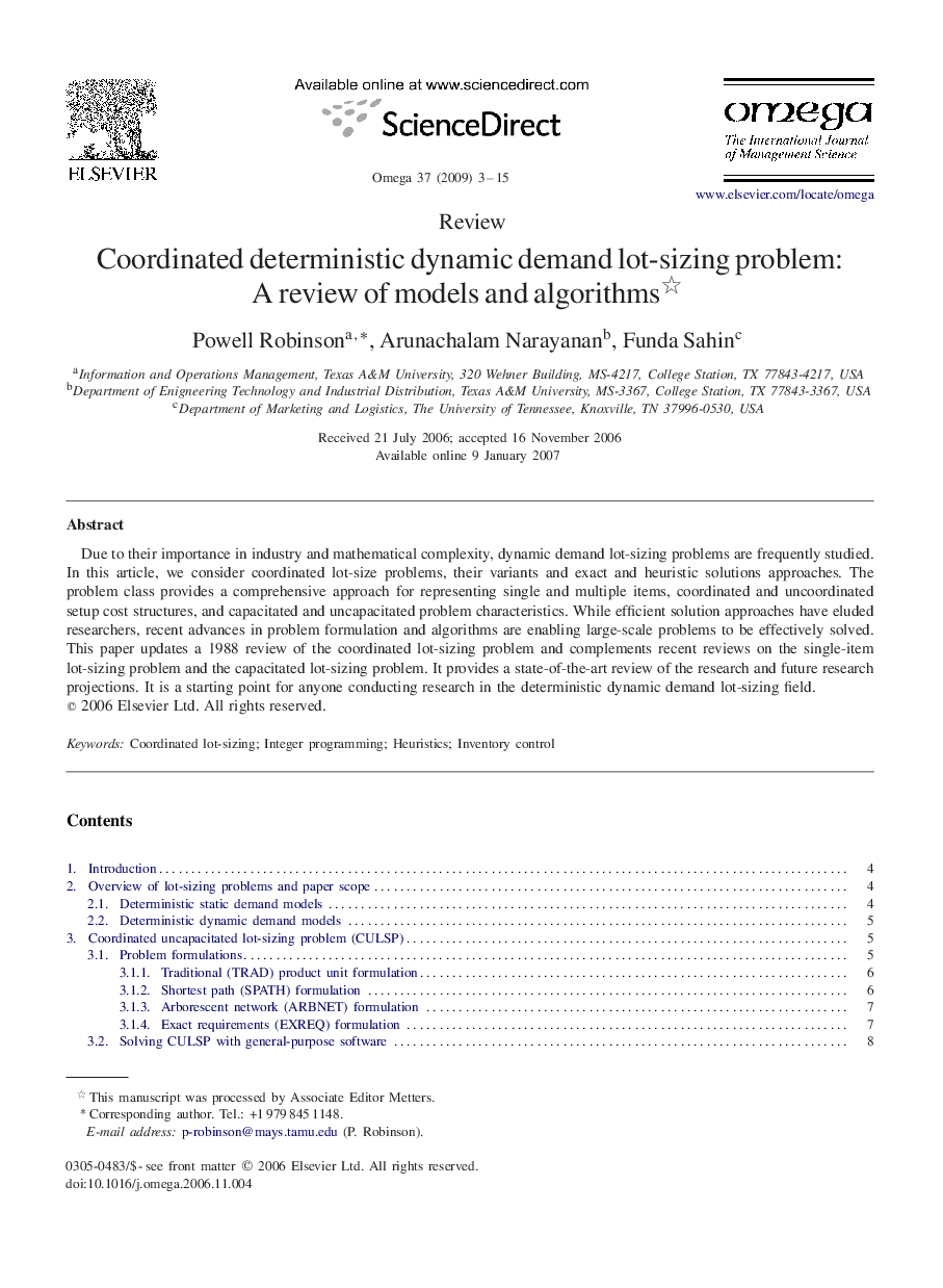 Coordinated deterministic dynamic demand lot-sizing problem: A review of models and algorithms 