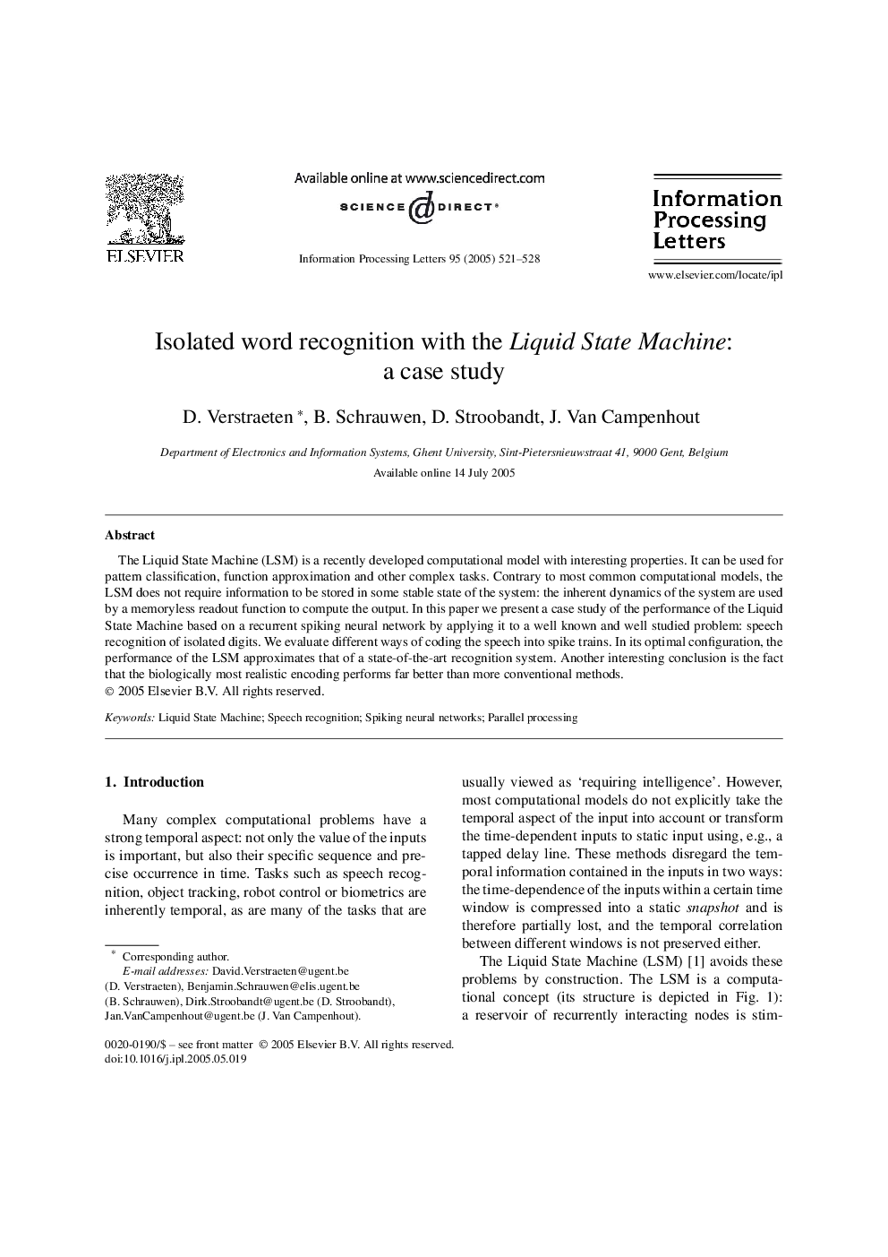 Isolated word recognition with the Liquid State Machine: a case study