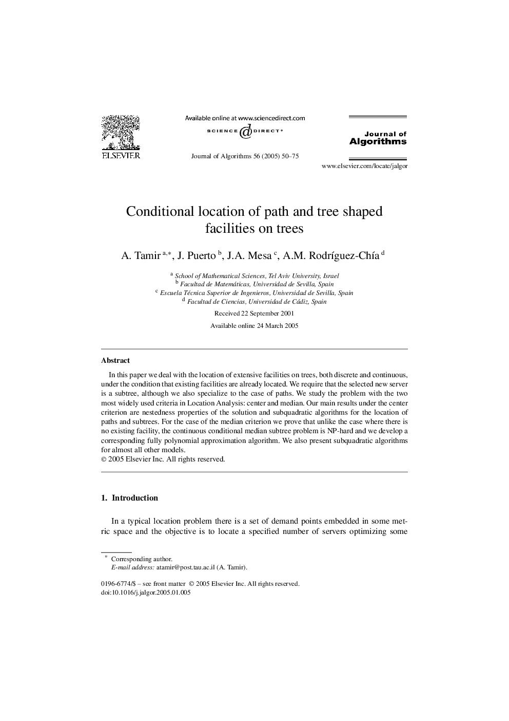 Conditional location of path and tree shaped facilities on trees