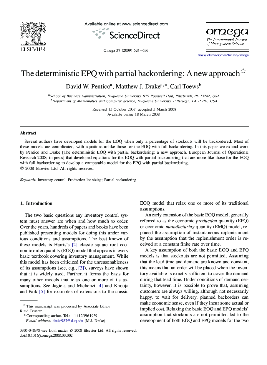 The deterministic EPQ with partial backordering: A new approach 