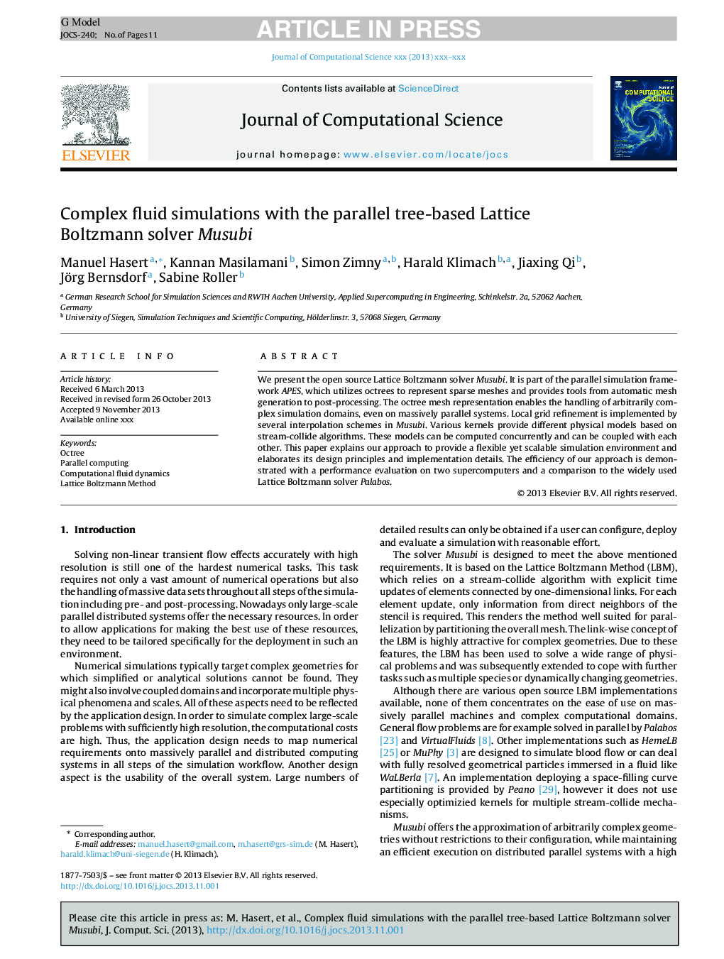 Complex fluid simulations with the parallel tree-based Lattice Boltzmann solver Musubi