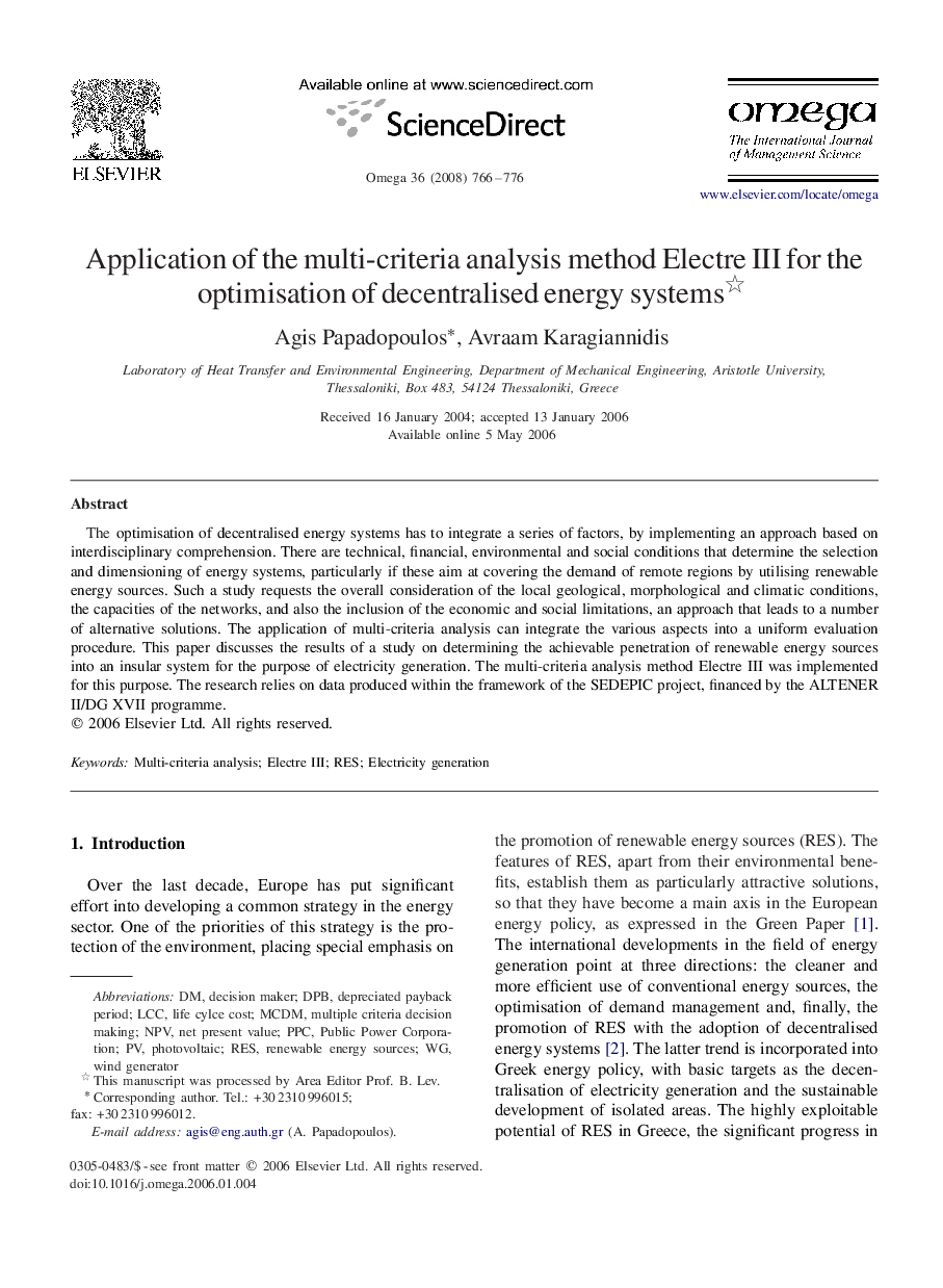 Application of the multi-criteria analysis method Electre III for the optimisation of decentralised energy systems 