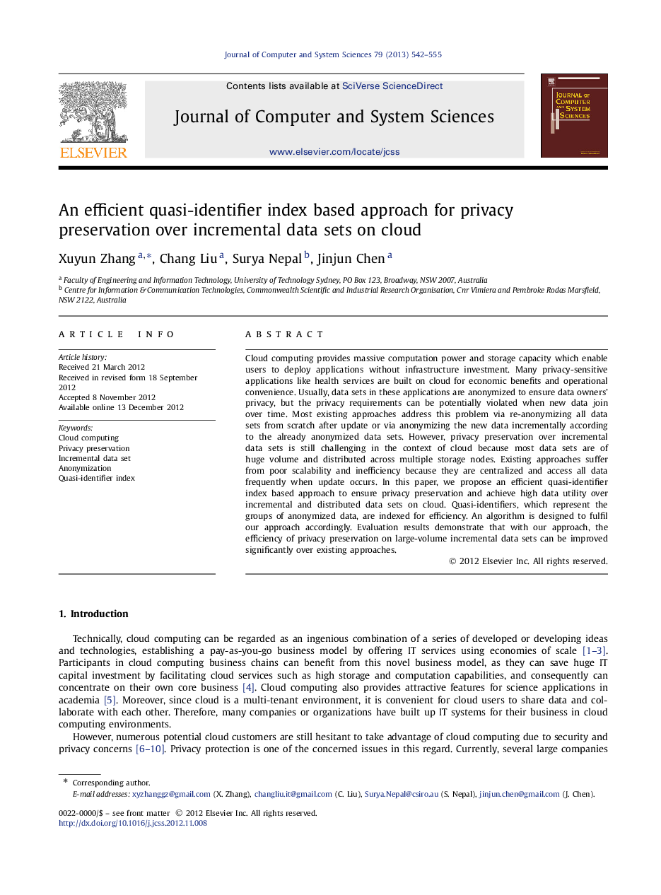 An efficient quasi-identifier index based approach for privacy preservation over incremental data sets on cloud