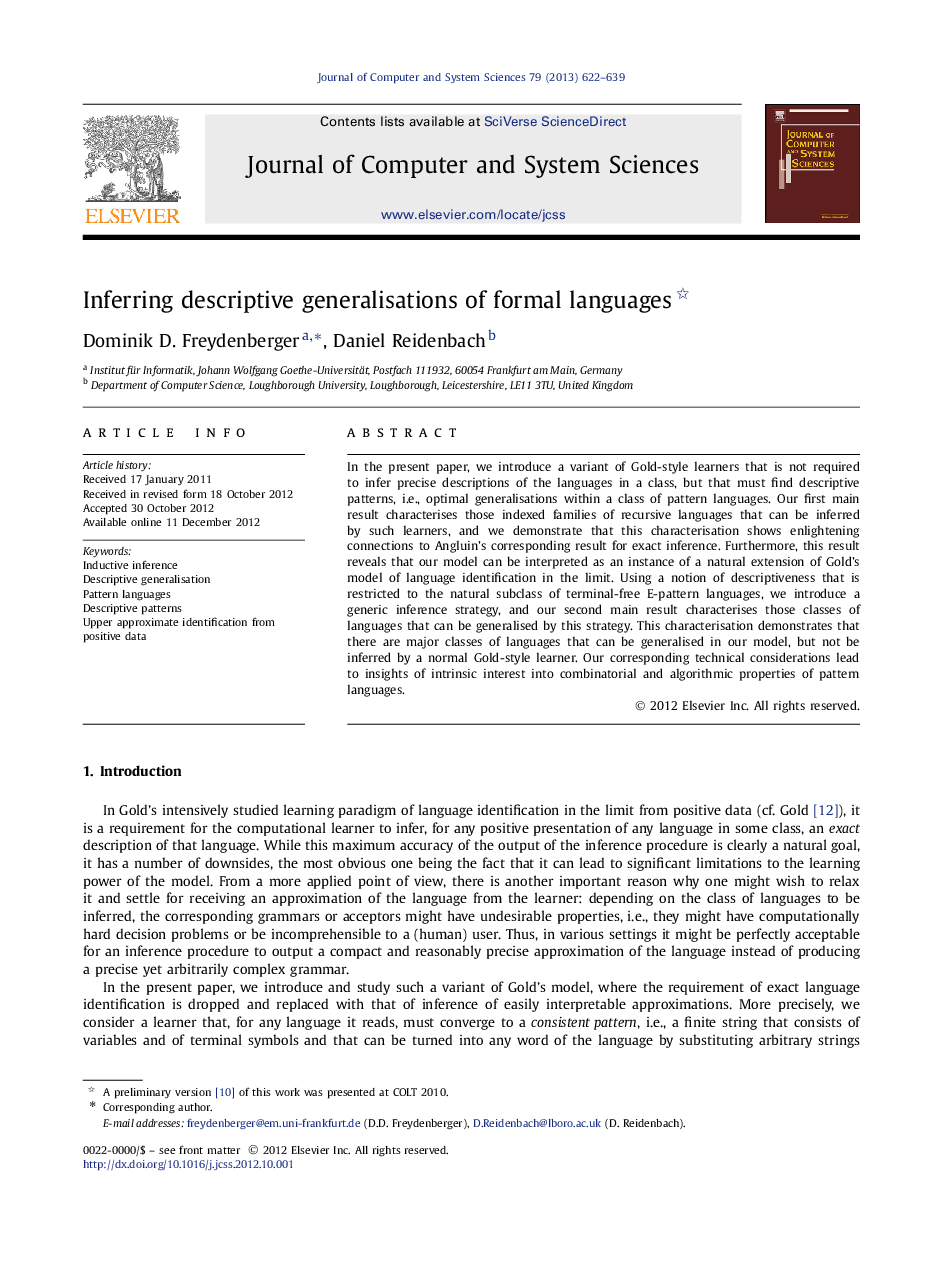 Inferring descriptive generalisations of formal languages